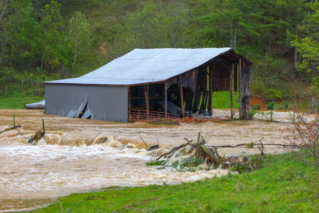 Barn flooded from Hurricane Helene