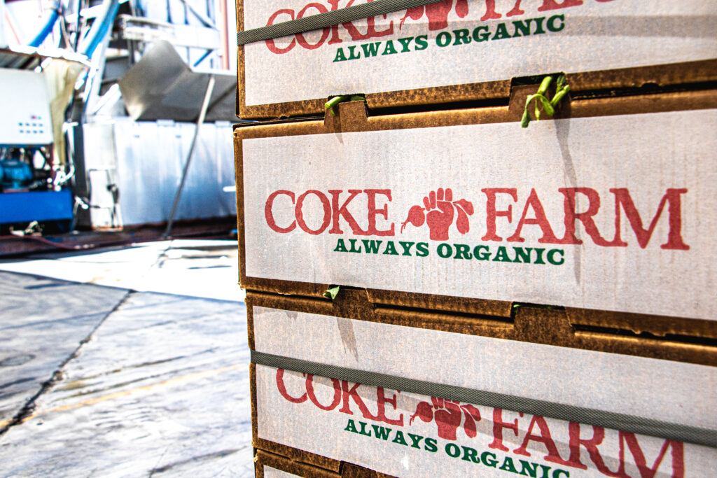 Boxes of produce at Coke Farms Food Hub processing center. CCOF staff tour July 2024. Photo by Christina Adams, Graphic Designer.